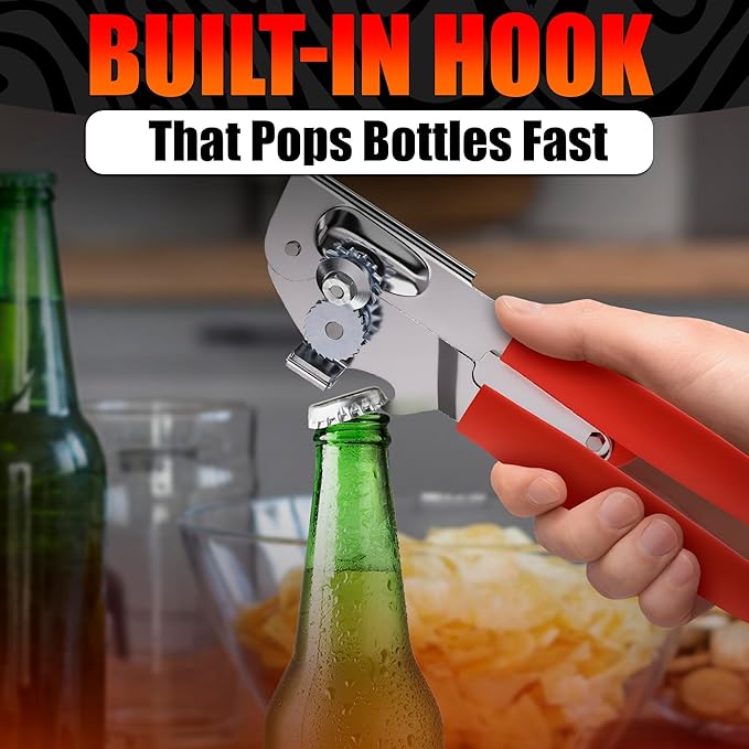 Commercial Can Opener for Large and Small Cans - Manual Stainless Steel Can Opener with Ergonomic Long Handles - 360° Smooth Crank, Non Slip Grip, 2 in 1 Bottle Opener for Home, Cafes and Restaurants