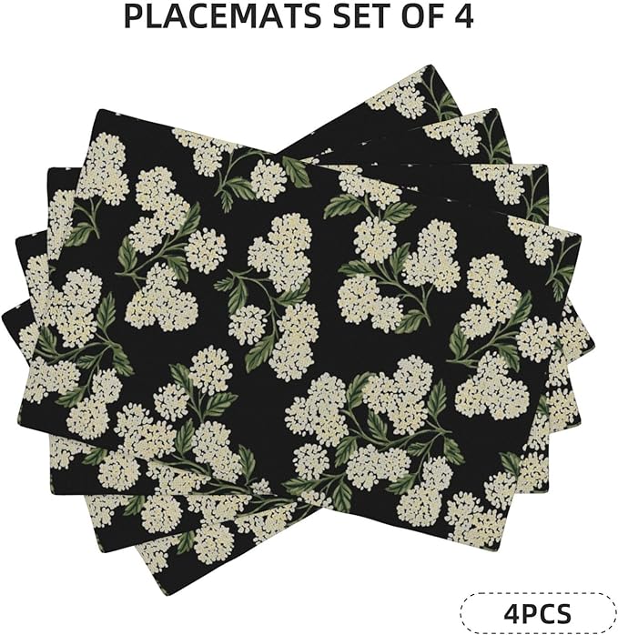 Black Placemats Set of 4 Green Hydrangea Flower Decor Place Mats 12x18 Inch Vintage Floral Spring Summer Seasonal Decorative Linen Table Mats for Kitchen Dining Party Table Decoration