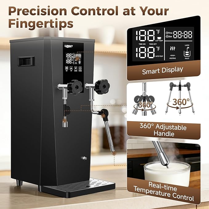 Commercial Steam Milk Frother,1.6Bar Fast Frothing in 15s,2000W 8L Boiler for Continuous Use, Temp Probe, Triple Safety, 3-in-1 Hot Water & Steam with LED Display for Coffee Shops& Restaurant