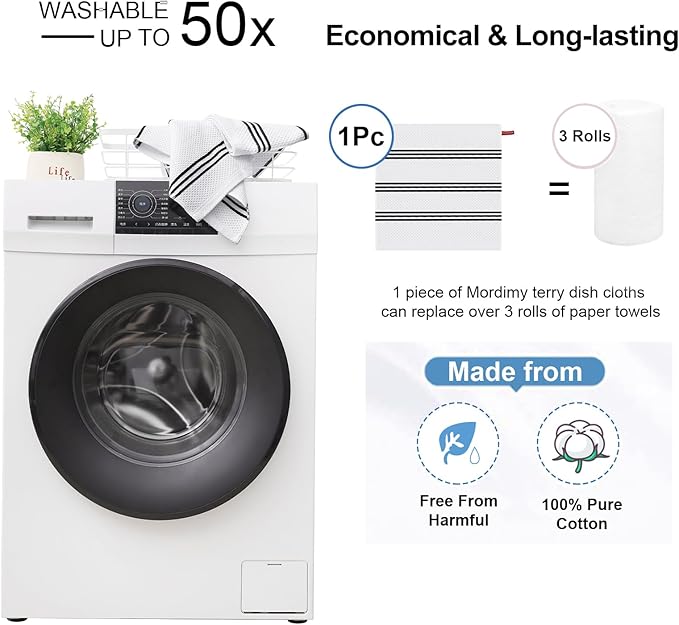 Mordimy 100% Cotton Waffle Weave Dish Cloths, 12 x 12 Inches, Super Soft and Absorbent Quick Drying Dish Rags for Kitchen, 6-Pack, White & Black Stripe
