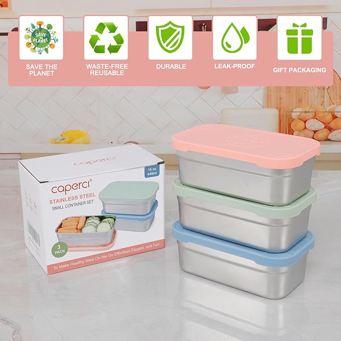 Caperci 3-Pack Large Stainless Steel Snack Containers with Silicone Lids - 15oz Reusable Small Food Storage Deli Containers for Snacks & Meal Prep, Leak-Proof, Easy Open & BPA-Free (440ML)