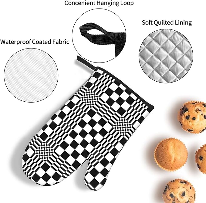 Black and White Optical Illusion Checkered Oven Mitt & Pot Holder Set (3-Piece) - Heat Resistant Non-Slip Kitchen Gloves Gift for Cooking Enthusiasts, Modern Kitchen Decor for Baking Grilling, Black