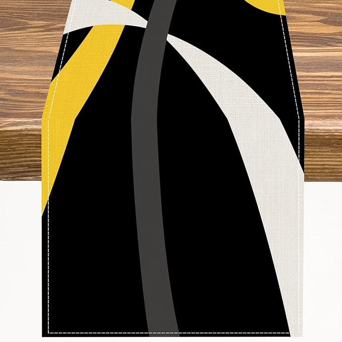 Abstract Yellow Geometric Table Runner Grey and White Striped Black Background Modern Kitchen Dinner Runner for Indoor Home Living Room Party Dining Table Decoration 13"x72"