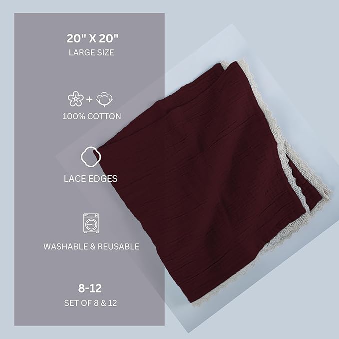 Fingercraft Dinner Cloth Napkin Cotton Muslin Double Gauze 8 Pack with Classic Lace for Everyday Use, Wedding, Party, Christmas, Easter Napkins Cloth are Pre Shrunk and Good Absorbency Chocolate