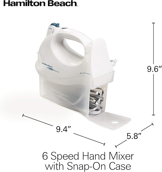 Hamilton Beach Power Deluxe 6-Speed Electric Hand Mixer with Snap-On Storage Case, QuickBurst, Beaters, Whisk, Powerful 250 Watt Motor, Bowl Rest, White (62695V)