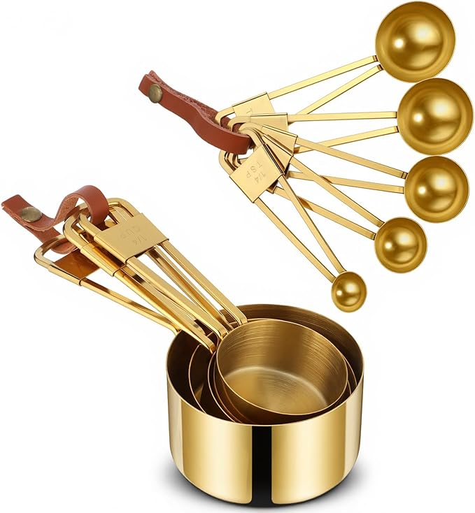 9 PCS GOLD Stainless Steel Measuring Cups and Spoons Set, Gold Nesting Design Teaspoon Stackable Cups and Spoons Heavy Duty Measuring Cup Set for Dry and Liquid Ingredients and Baking, Cooking(Golden)