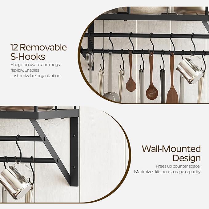YATINEY Wall Mounted Pot Rack, 23.8 Inch Pot and Pan Organizer with 2 Tier Hanging Rails, 12 S-Hooks, Metal Pot Rack for Kitchen Cookware Organizer, Space Saving, for Kitchen Utensils, Black PR01BK