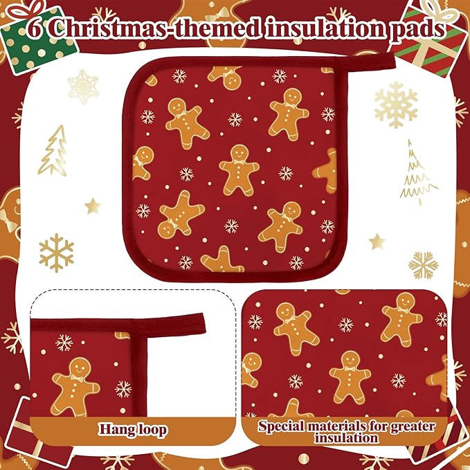 Bencailor 12 Pcs Pot Holders with Pocket Kitchen Hot Potholders Hot Pad Oven Mitts Cookie Bag Oven Gloves for Kitchen Gift Baking Cooking(Red and Green,Christmas)