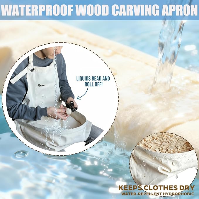 Woodcarving Apron-Work Apron with Brown Leather Chest Patches, Tool Pocket