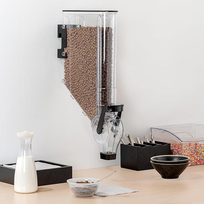 Restaurantware Cereal Dispenser 3 gal Plastic Wall-Mounted Gravity Bin Candy Dispenser Self-Serve Black Dry Food with Wall Mount Brackets for Breakfast Buffet or Hotel Use