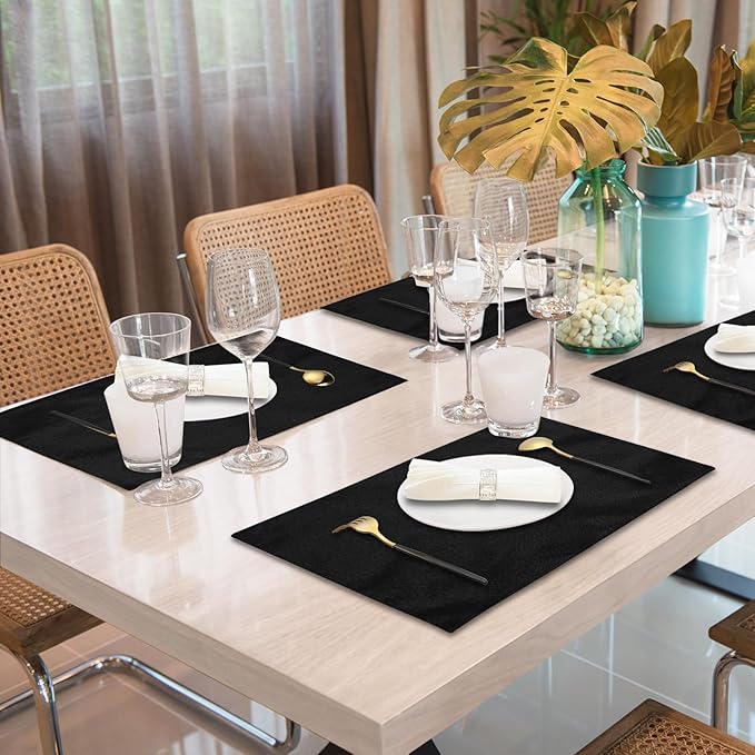 Cloth Placemats Set of 6, Cotton Linen Blend Machine Washable Double Layered Place Mats, Heat Resistant Placemats Wrinkle Free Thick Fabric Dining Table Mats for Indoors & Outdoors (Black, 6)