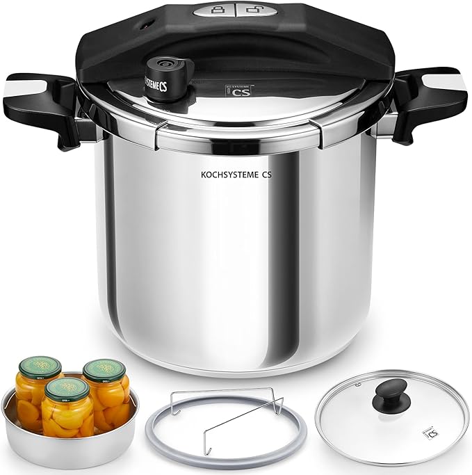 KOCH SYSTEME CS Stainless Steel Pressure Cooker 10.5 Quart, 3-in-1 Olla de Presion, One-Hand Locking, 3 PSI Settings Stovetop Pressure Pot, Induction Pressure Cooker, Glass Lid & Steamer, 10.5QT