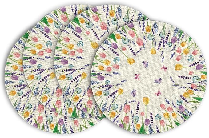 Artoid Mode Lavender Tulip Spring Round Placemats Set of 4, 14 Inch Seasonal Summer Rustic Vintage Table Mats for Party Kitchen Dining Decoration