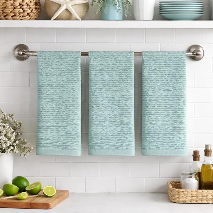 Seafoam Light Sage Aqua Mineral Green Kitchen Hand Dish Towels: Oversized 28" x 18", 100% Cotton Cloth Soft Cleaning Drying Absorbent Ribbed Design, Set of 3 Multipurpose for Everyday Use