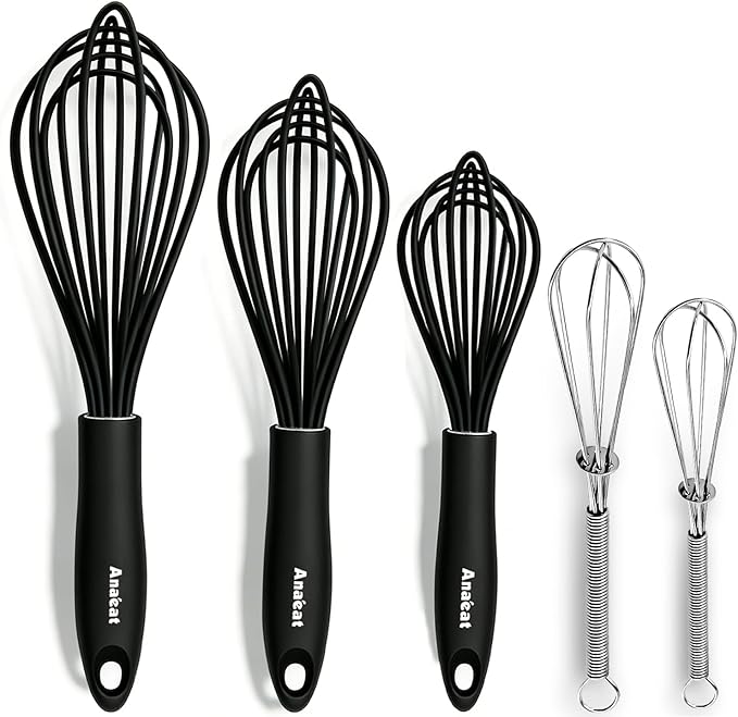 Anaeat Kitchen Whisk Set of 5, Perfect for Non-Stick Cookware, Egg Beater Milk Blender for Whisking, Cooking, Baking - 5"+7" Mini Wire Whisk and 9''+11''+12'' Silicone Balloon Whisks (Black)