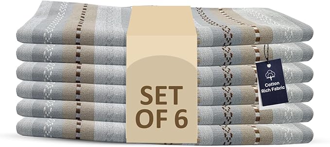 LFH Home Cotton Rich Cloth Salsa Napkin Set of 6 Washable Soft Durable Striped Table Napkins for Dining Wedding, Daily Use Reusable Eco-Friendly Napkins for Elegant Table Settings(18x18)-Grey