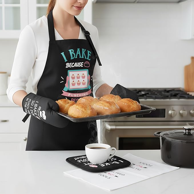 Defresit Funny Baking Apron Set for Women Men - Includes Baking Apron, Oven Mitts, Pot Holder, Kitchen Towel - Birthday Mothers Day Cooking Gifts for Baker, Mom, Wife | Thanksgiving, Christmas