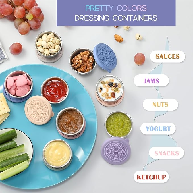 VITEVER [6 Pack] Salad Dressing Container To Go, 1.6 oz Small Condiment Containers with Lids, Reusable Stainless Steel Sauce Cups , Leakproof Silicone Lids for Lunch Bento Box, Picnic and Travel