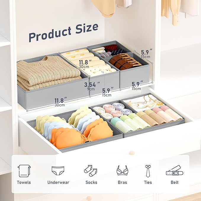 DIMJ Drawer Organizer Clothes, 28 Pack Dresser Organizer, Foldable Closet Organizers and Storage, Fabric Dresser Bins, Drawer Dividers for Nursery, Baby Clothes, Underwears, Sock,Gray