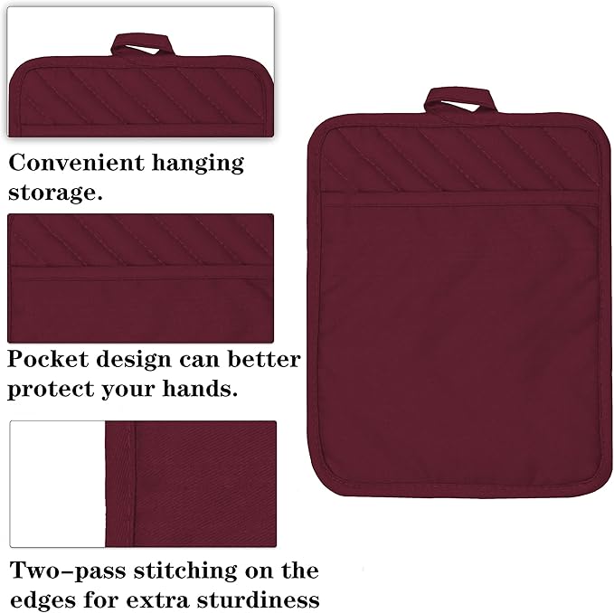 Oven Pot Holder with Pocket Cotton Heat Resistant Coaster Potholder Kitchen Hot Pad Oven Mitts for Cooking Square 7"x9"Set of 5 (Burgundy red, 5)
