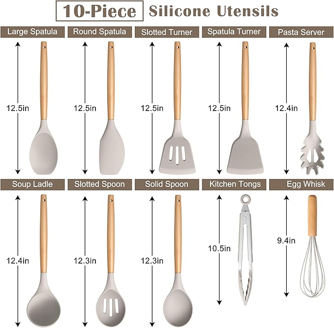 E-far Silicone Cooking Utensils Set, 10-Piece Heat Resistant Kitchen Utensils Set with Wooden Handle for Nonstick Cookware, Kitchen Nonstick Tools Spatula Whisk Tongs Ladle, Non-toxic & Healthy(Khaki)