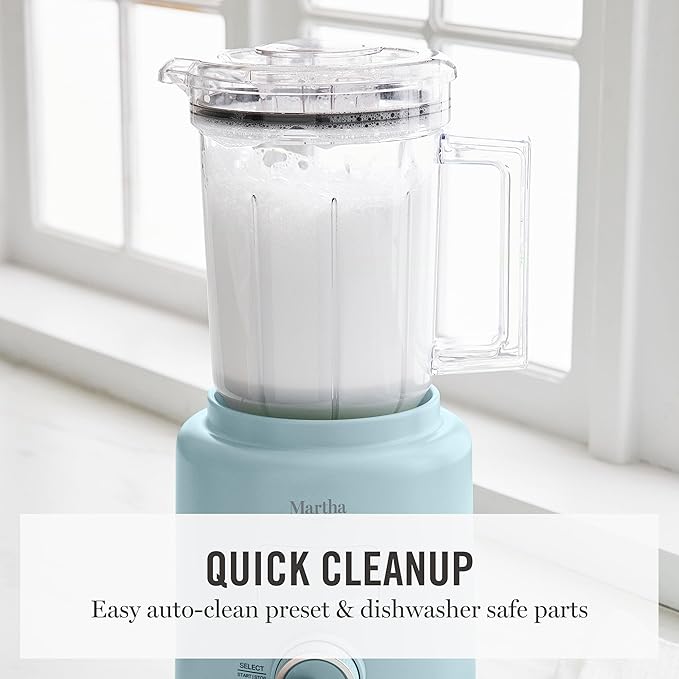 Martha Stewart Countertop Blender, 50oz Jar, 6 Stainless Steel Blades 3 Speeds & 5 Presets, Auto Clean, Smoothies, Crush Ice, Shakes, Chop, Margarita, Measurement Markings, 700W, Sky Blue