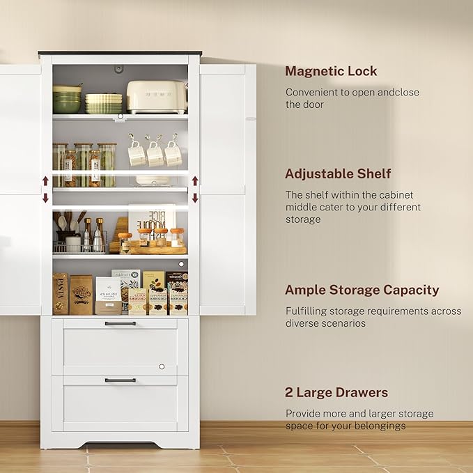TEENFON 66.2" H Storage Cabinet with 2 Drawers, Farmhouse Kitchen Pantry Cabinet with 2 Doors & Adjustable Shelf, Bathroom Cabinet, for Living Room, Kitchen, Bathroom, White