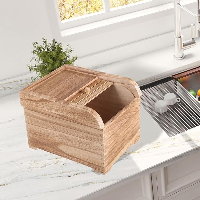 Wooden Rice Storage Container with Sliding Lid, Wood Food Container for Cereal, Grains, Flour, Light Brown