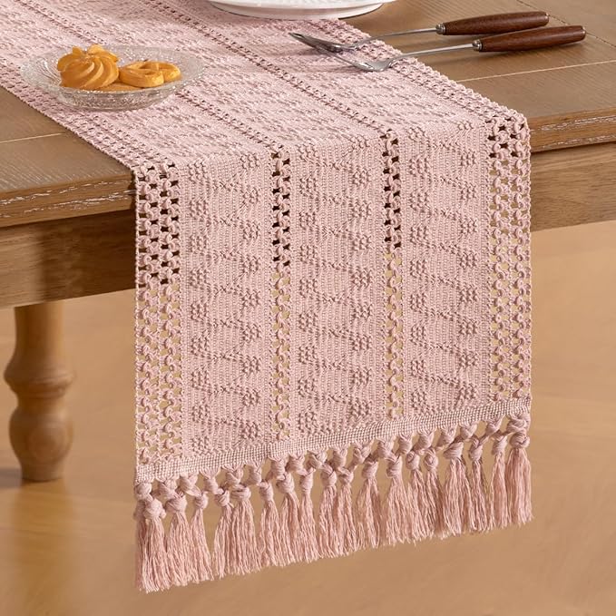 Socomi Boho Table Runner Easter Spring Farmhouse Rustic Dining Kitchen Centerpiece Decor Small Macrame Woven Cotton Linen Coffee Table Runner for Dresser Scarf Home Decor 12x48 in Pink