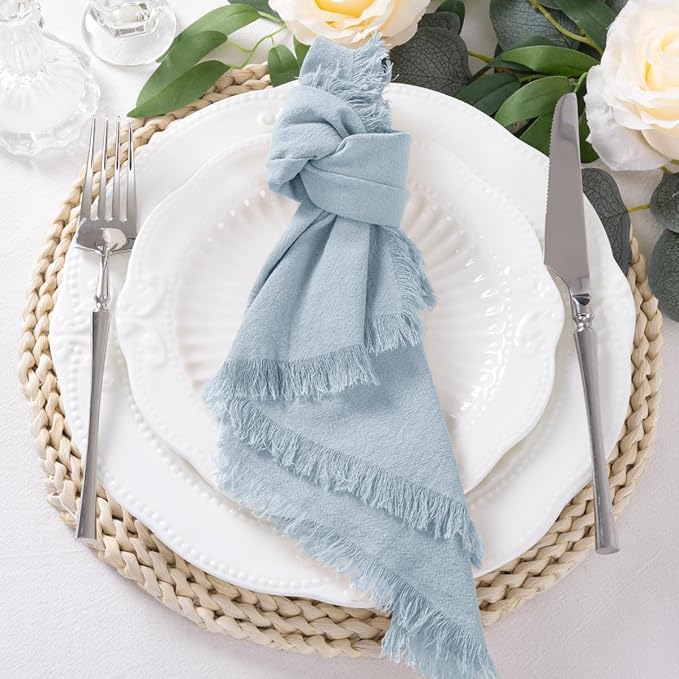 DeZerlor 12 Pack Gray- Blue Cotton Linen Napkins with Fringe Spring Cloth Napkins Set of 12 Boho Handmade Dinner Napkins Bulk for Wedding Bridal Baby Shower Parties, 17 x 17 Inches
