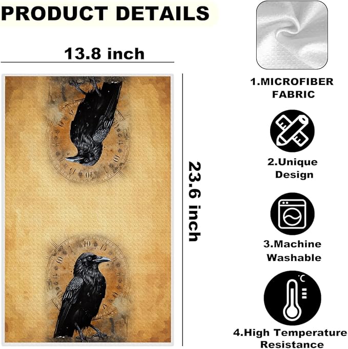 Blue Leaves 2 Pcs Vintage Raven Kitchen Towels, Dark Aesthetic Decorative Absorbent Microfiber Dish Cloth Tea Towel, Waffle Soft Hand Towels for Farmhouse Home Bathroom