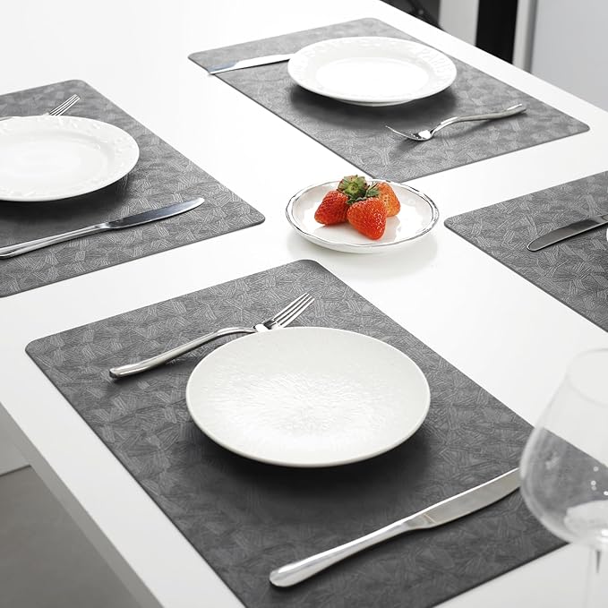Vinyl Placemats Set of 8 Heat Resistant Easy Clean Non-Slip Place Mats for Dining Table Faux Leather Waterproof Stain Resistant Wipeable Washable PVC Table Mats(8, Gray)