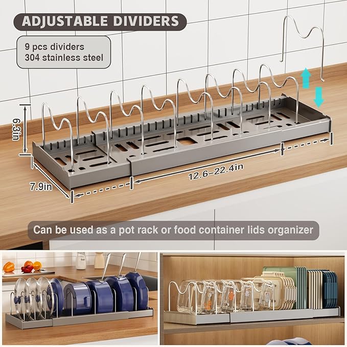 Magheo Expandable Food Storage Container Lid Organizers, 22" Pots and Pans Organizer Under Cabinet with 9 Adjustable Dividers Pot and Pan Lid Holders Rack Inside Cabinet(Gray,1 Pack)