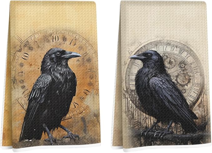 Blue Leaves 2 Pcs Vintage Raven Kitchen Towels, Dark Aesthetic Decorative Absorbent Microfiber Dish Cloth Tea Towel, Waffle Soft Hand Towels for Farmhouse Home Bathroom