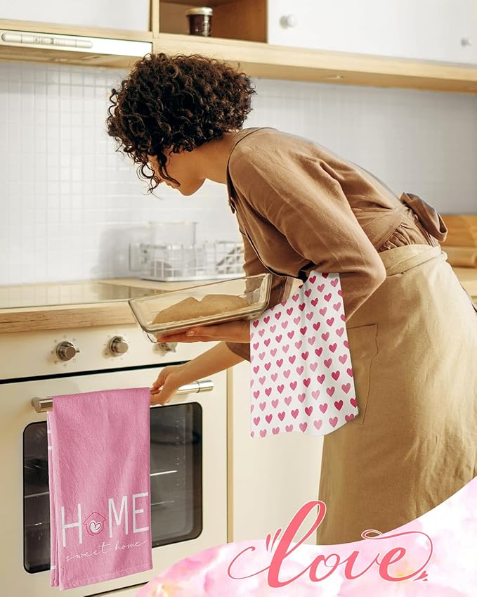 Miss Adola Valentine Day Kitchen Towels Set of 2 - Flour Sack Tea Towels with Hanging Loop 18x26 Inch Home Sweet Home Hand Dish Cloths Pink Hearts Absorbent Reusable Dishcloths Cute Valentine Decor