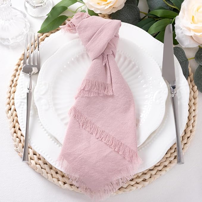 DeZerlor 6 Pack Pink Cotton Linen Napkins with Fringe Spring Cloth Napkins Set of 6 Boho Handmade Dinner Napkins Bulk for Wedding Bridal Baby Shower Parties, 17 x 17 Inches