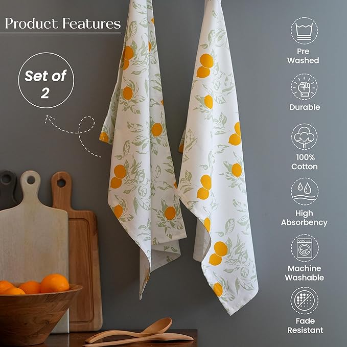 The Fine Living Co. 100% Cotton Kitchen Towels Set of 2, 18 x 28 inches, Lemon Printed Dish Towel, Hand Towels, Kitchen Towels, Boho Tea Towels - Multifunctional, Stylish, Absorbent, Soft