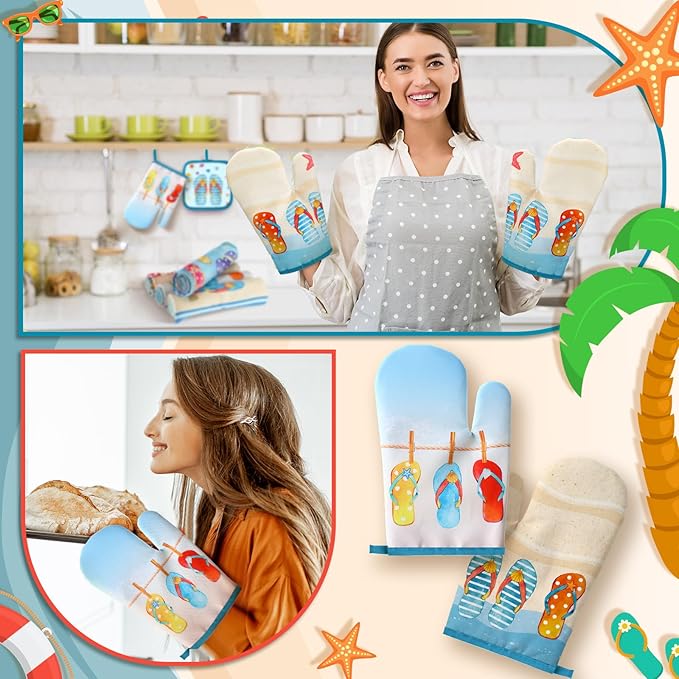 VitalCozy Set of 10 Summer Flip Flops Kitchen Decor and Accessories Beach Kitchen Towels Rugs Oven Mitts and Pot Holders Kit Hand Towels for Baking Cooking BBQ