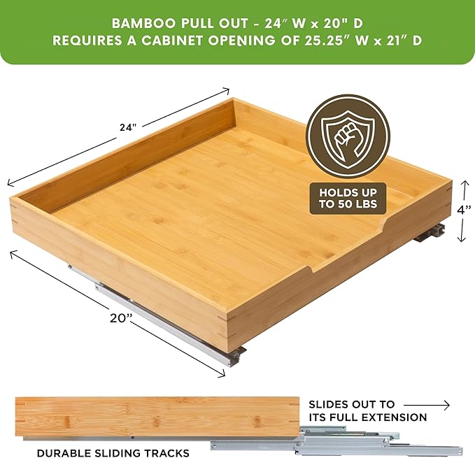 HOLDN’ STORAGE Bamboo Wooden Pull out Cabinet Organizer 24"W x 21"D Requires At Least a 25.25"W x 21"D Cabinet Opening W/Lifetime Limited Warranty, Bamboo Tray and Heavy Gauge Metal Rails