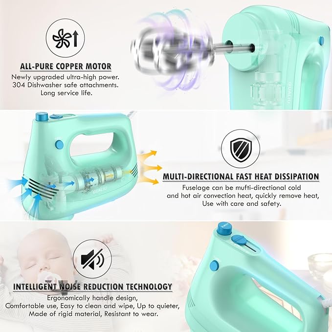 GUALIU Electric Hand Mixer with Stainless Steel Whisk, Dough Hook Attachment and Storage Bag, Handheld Mixer for Baking Cakes, Eggs, Cream Food Mixers. Turbo Boost /5 Speed Kitchen Blender GREEN