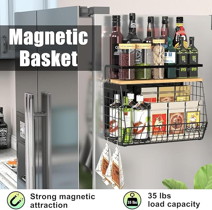 2 Pack Magnetic Spice Storage Rack Organizer for Refrigerator, Magnetic Shelf for Fridge with Wood Lid, Organizer for Kitchen & Laundry, Potato and Onion Storage Bins, Large Container, Strong Magnets