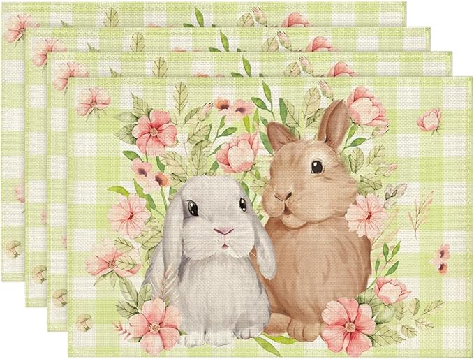 Artoid Mode Green White Bunny Rabbit Flowers Buffalo Plaid Easter Placemats Set of 4, 12x18 Inch Spring Table Mats for Party Kitchen Dining Decoration