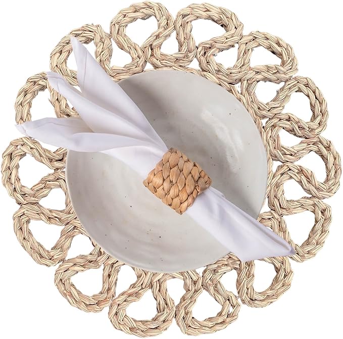 Laquedecraft 13.8" Set of 8 Round Seagrass Placemats | Boho Woven Rattan Table Mats | Farmhouse Wicker Spring Plate Chargers Like Water Hyacinth, Seagrass for Wedding, Party, Christmas, Events