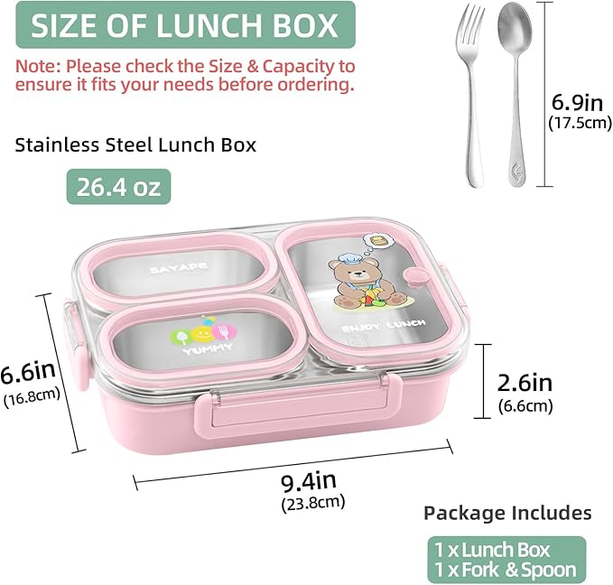 SAYAPE Stainless Steel Bento Lunch Box for Kids, 26.4 oz Leak-Proof 3-Compartment Metal Bento Box, BPA-Free, Cute Cartoon Meal Prep Snack Container with Utensils for School, Office, Travel - Pink