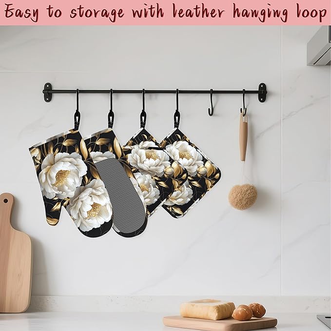 White Flowers Oven Mitts and Pot Holders (4PCS),Glitter Blooming Heat Resistant Non-Slip Silicone Kitchen Gloves for Cooking, Baking, BBQ Waterproof Kitchen Accessories