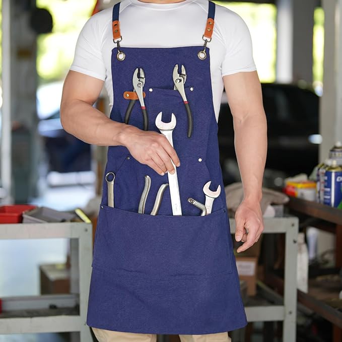 Aoomzoon Canvas Aprons for Men Chef Apron, Work Apron with Large Pockets - 16oz Heavy Duty Cross Back, BBQ, Cooking