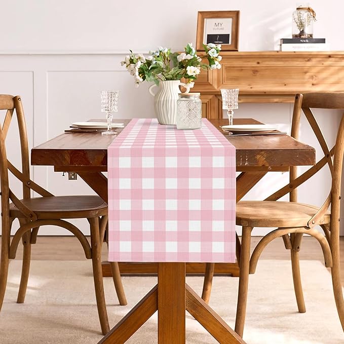 Pink Gingham Party Supplies Light Pink and White Checkered Table Runner Easter Baby Shower BBQ Picnic Home Kitchen Island Decor (Pink, 13" x 90")