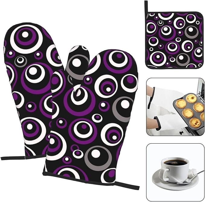 Purple Black White Retro Circular Oven Mitts & Pot Holders Sets of 3, Heat Resistant Modern Abstract Art Oven Gloves and Hot Pad for Home Cooking Baking Grilling, Baking Gifts for Women, Kitchen Decor