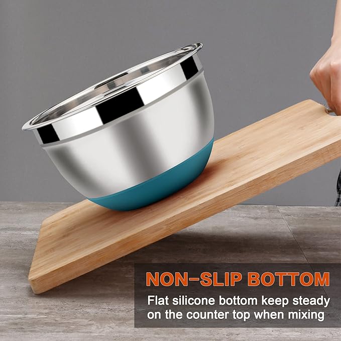 LIANYU Stainless Steel Nesting Mixing Bowls Set of 6, Size 7, 3.5, 2.5, 2, 1.5, 1QT, Large Metal Bowls for Cooking, Baking, Food Storage, Non-slip Bottom & Airtight Lids, Dark Blue