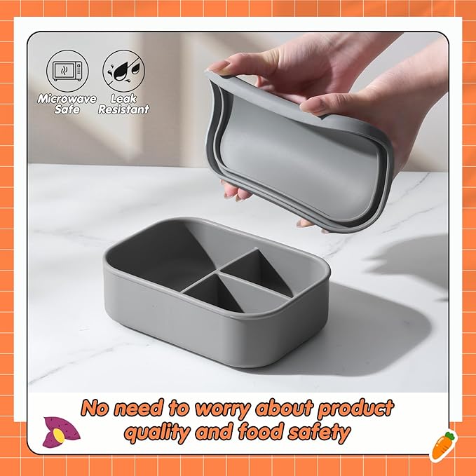 Layhit 1 Pcs Silicone Bento Box for Adults, 27 oz Bento Lunch Container Reusable 3 Compartment Lunchable Food Container for Women Men, Leak Proof Microwave Dishwasher Freezer Safe (Dark Gray)